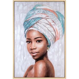 LOLAhome Cuadro pintura de africana en lienzo enmarcado gris de 80x120 cm