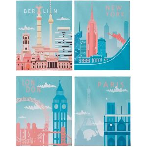 LOLAhome Set de 4 cuadros de ciudad impresos sobre lienzo azul y rosa de 40x50 cm