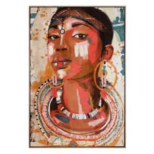 LOLAhome Cuadro pintura de africana en lienzo enmarcado marrón de 83x123 cm