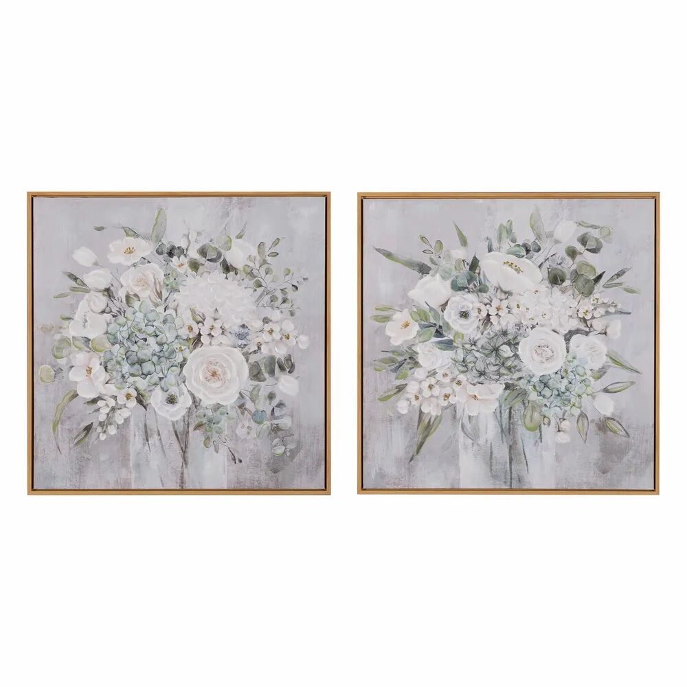 LOLAhome Set de 2 cuadros pintura de flores pintados a mano sobre lienzo gris de 60x60 cm