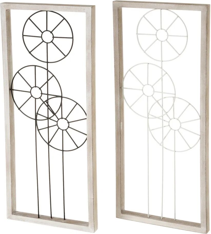 LOLAhome Set de 2 murales de círculos de madera y hierro blanco y negro de 25x60 cm