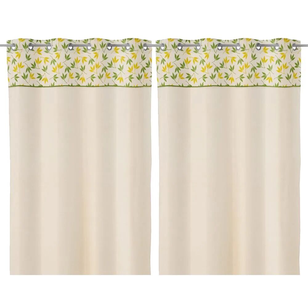 LOLAhome Set de 2 cortinas confeccionadas con cenefa de hojas amarillo y verde de algodón natural