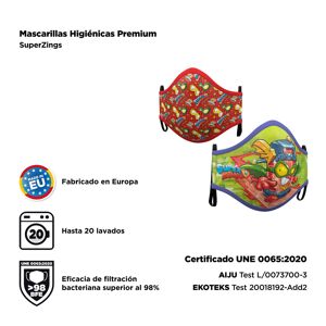 Pack de 2 mascarillas infantiles protectoras Super Zings de tela homologadas 98% filtración para 6-9 años