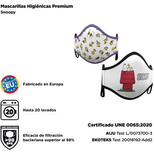 Pack de 2 mascarillas infantiles protectoras Snoopy de tela homologadas 98 % filtración para 3-5 años