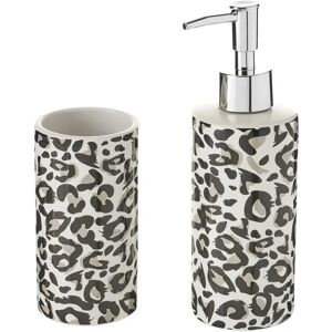 LOLAhome Juego de dispensador y portacepillos animal print de cerámica blanco y negro de 200 ml