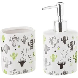 LOLAhome Juego de dispensador y portacepillos de cactus de cerámica blanca de 200 ml