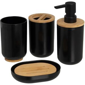 LOLAhome Set de dispensador, portacepillos, vaso y jabonera de plástico negro y bambú