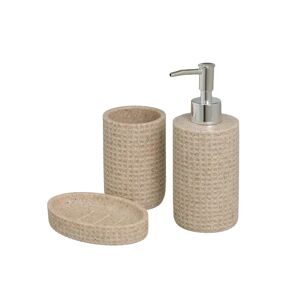 LOLAhome Set de dispensador, jabonera y portacepillos de resina beige grabados