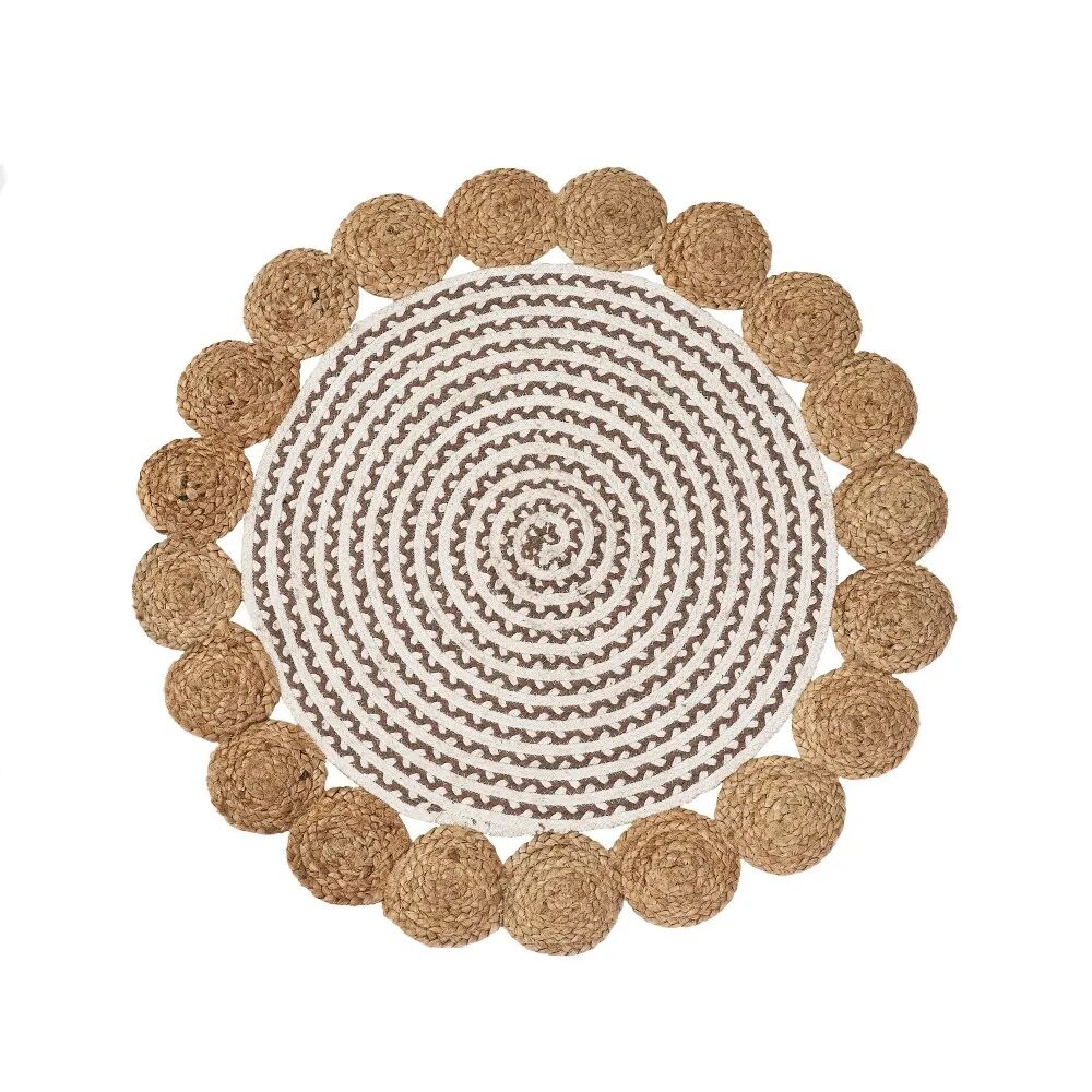 LOLAhome Alfombra redonda trenzada con cenefa de círculos de yute blanca y natural de Ø 90 cm