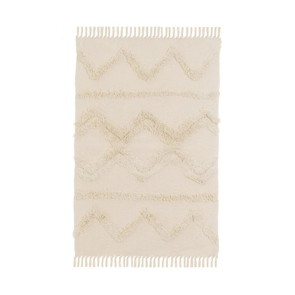 LOLAhome Alfombra flecos de rombos beige de algodón natural y poliéster de 120x180 cm