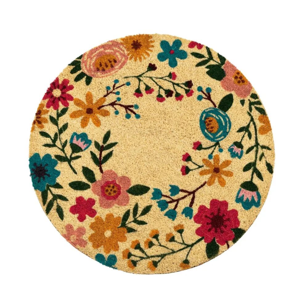 LOLAhome Felpudo floral redondo rosa de fibra de coco natural de 60x60 cm