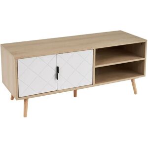 LOLAhome Mueble TV de pino y MDF blanco y natural rombos de 110x39x48 cm