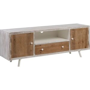 LOLAhome Mueble TV tallado de madera de abeto blanco y natural de 150x35x53 cm