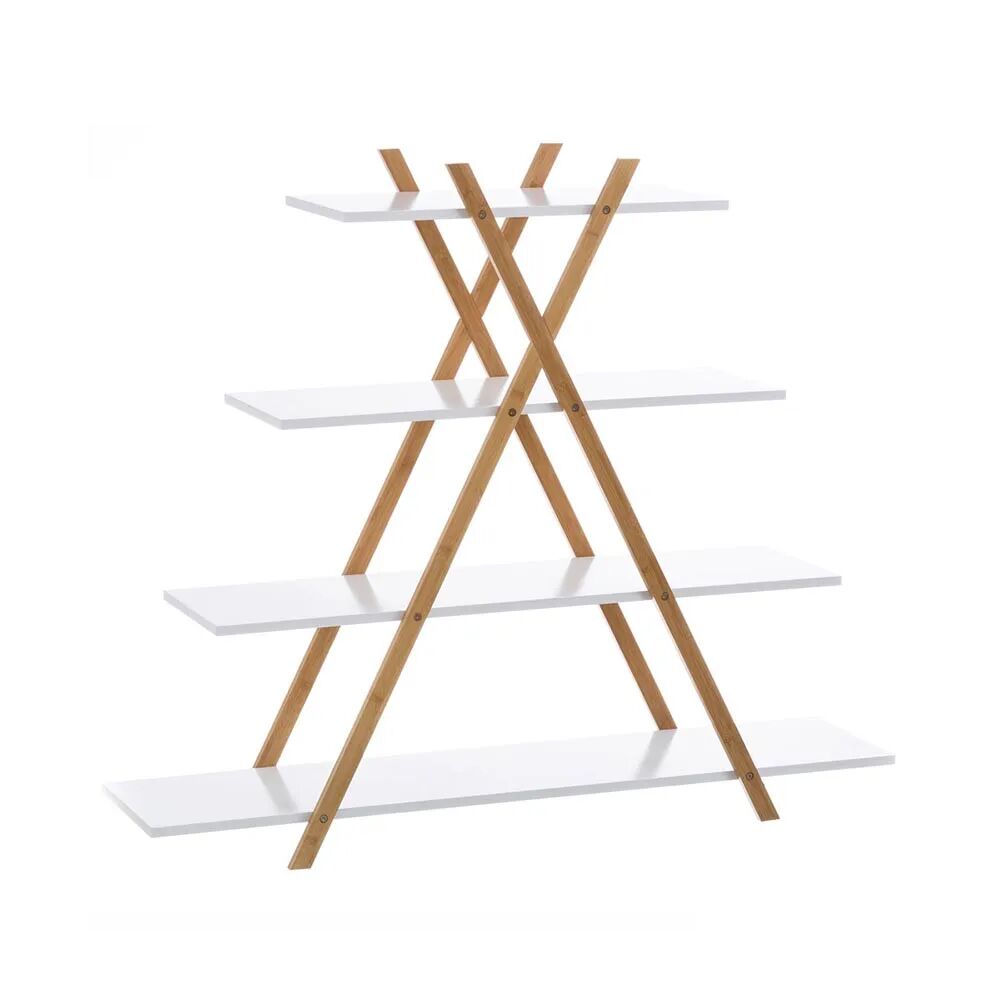 LOLAhome Estantería pirámide blanca y natural de madera de bambú con 4 estantes de 125x30x103 cm