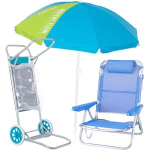 LOLAhome Pack de silla playa azul, sombrilla de 180 cm y carro portasillas