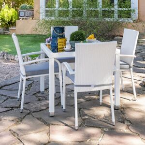 Conjunto de mesa de comedor y 4 sillas de jardín Marlene blanco de rattán sintético y cristal