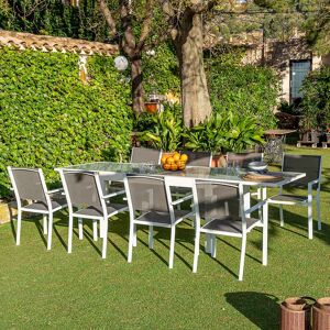Conjunto de mesa extensible y 8 sillas de jardín Thais apilables blanco y gris de aluminio, textileno y cristal