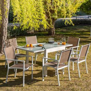 Conjunto de mesa extensible y 6 sillas de jardín Thais apilables blanco y marrón de aluminio, textileno y cristal