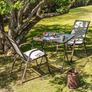 Conjunto de mesa plegable y 2 sillas de jardín Neila apilables ergonómicas marrón de acero, textileno y cristal