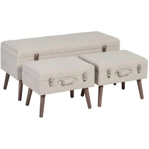 LOLAhome Set de 3 puffs arcón maleta beige de tela y madera