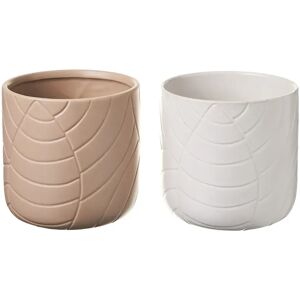 LOLAhome Set de 2 maceteros grabados de stoneware blanco y beige de Ø 15x14 cm