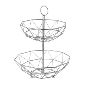 LOLAhome Frutero geométrico de 2 alturas plateado de metal cromado de Ø 29x38 cm