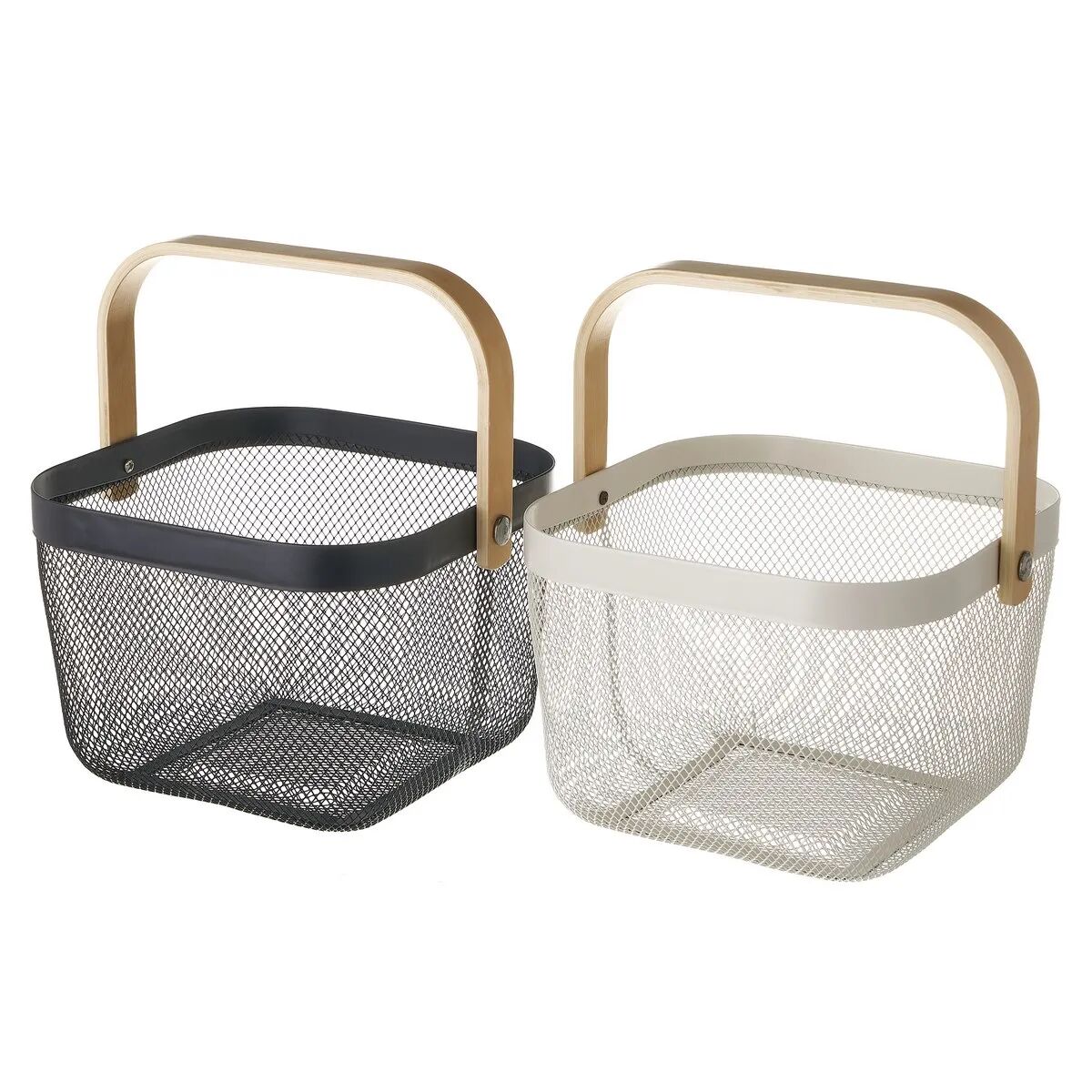 LOLAhome Set de 2 cestas para fruta de metal en blanco y negro con asa de madera de álamo de 26x26x17 cm
