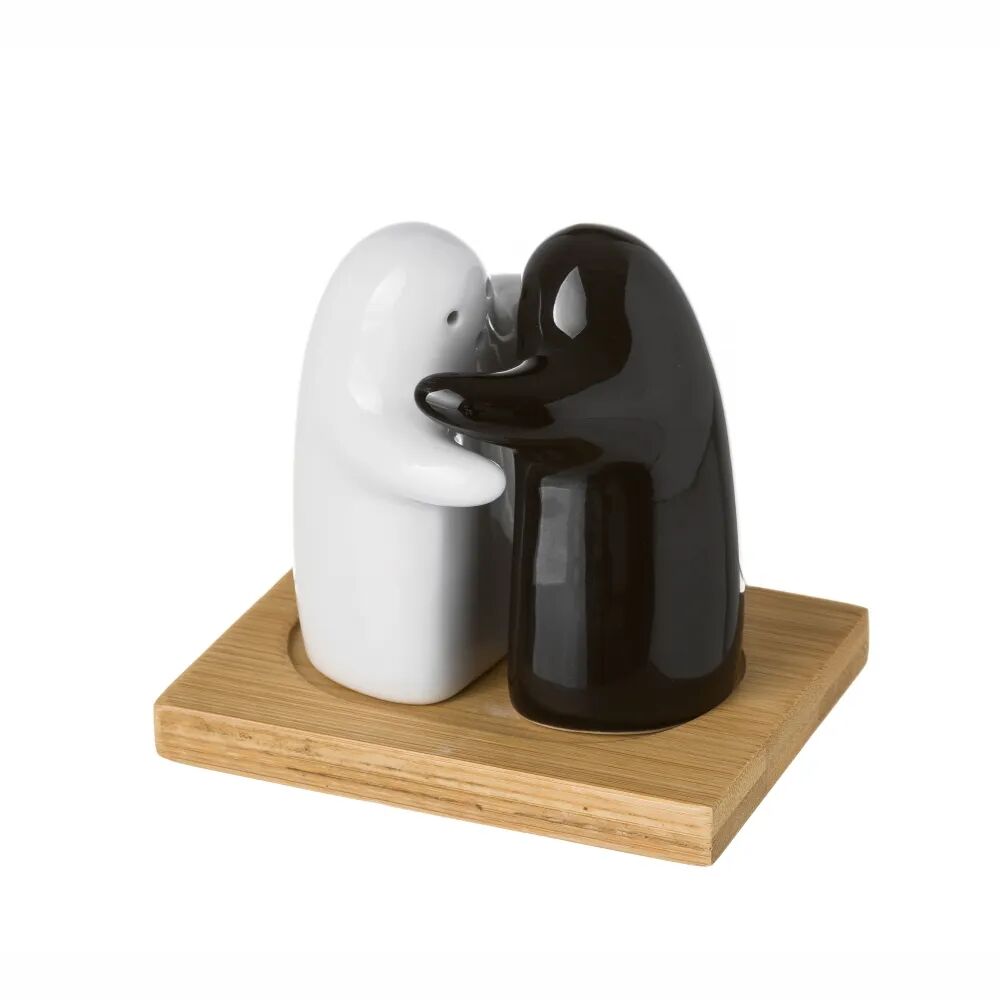LOLAhome Salero y pimentero pareja con bandeja de bambú y cerámica en blanco y negro de 9x7x8 cm