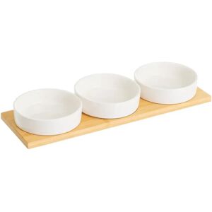 LOLAhome Juego de 3 platos de aperitivo blancos de porcelana con bandeja de bambú natural de 33x10 cm