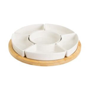 LOLAhome Juego de 6 platos de aperitivo blancos de porcelana con bandeja de bambú natural de Ø 30 cm