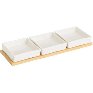 LOLAhome Juego de 3 platos de aperitivo blancos de porcelana con bandeja de bambú de 33x10 cm