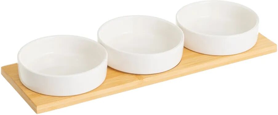 LOLAhome Juego de 3 platos de aperitivo blancos de porcelana con bandeja de bambú natural de 33x10 cm