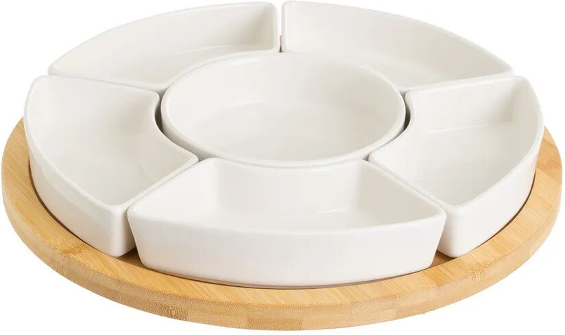 LOLAhome Juego de 6 platos de aperitivo blancos de porcelana con bandeja de bambú natural de Ø 30 cm