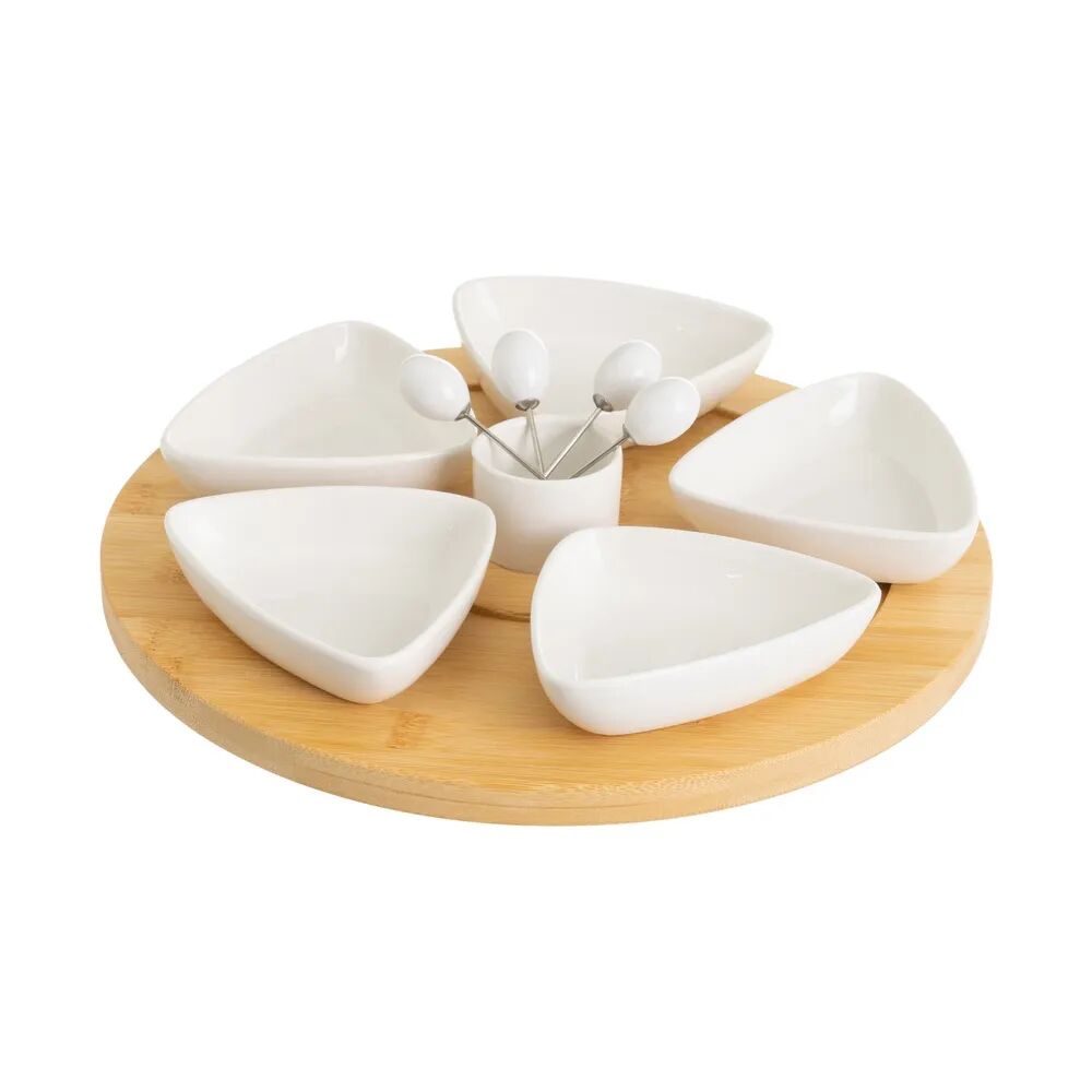 LOLAhome Juego de 6 platos de aperitivo blancos de porcelana con bandeja de bambú natural de Ø 30 cm