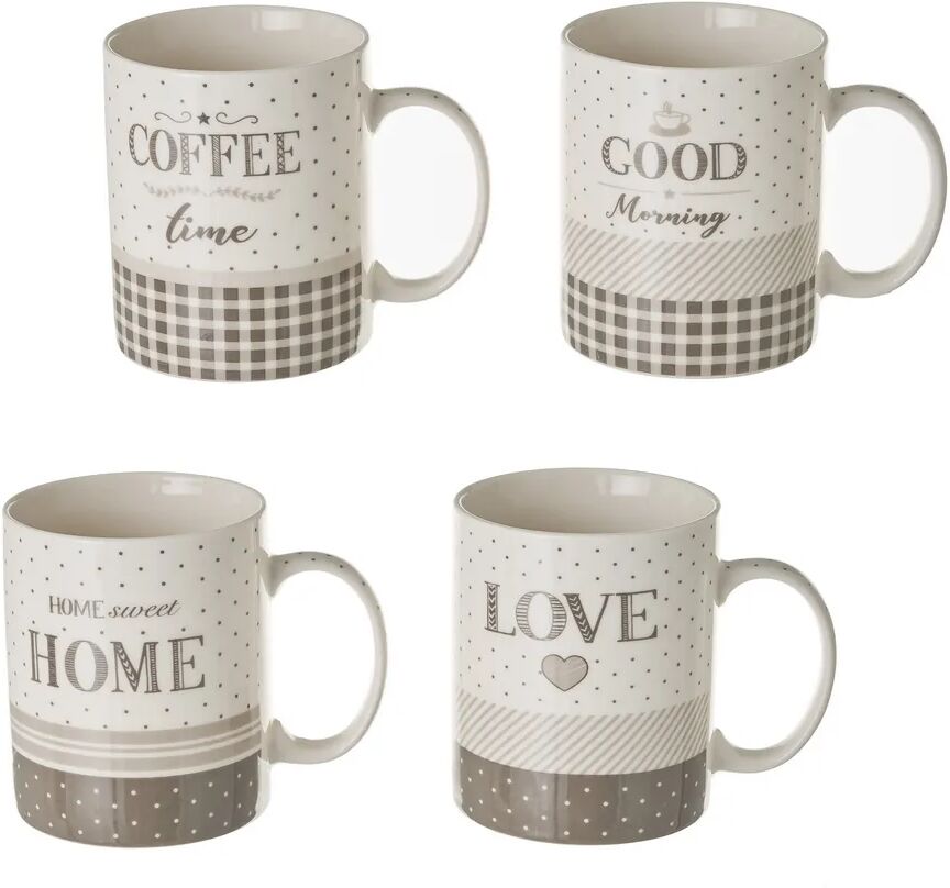 LOLAhome Juego de 4 tazas mug de cerámica en blanco y gris de 340 ml