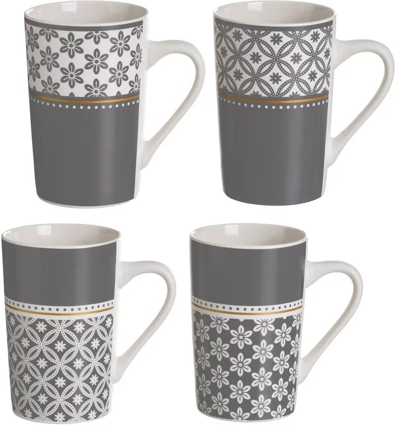 LOLAhome Juego de 4 tazas mug de flores grises de cerámica de 370 ml