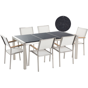 Conjunto De Comedor De Jardín Blanco Con Mesa 180 X 90 Cm De Granito Negro 6 Sillas