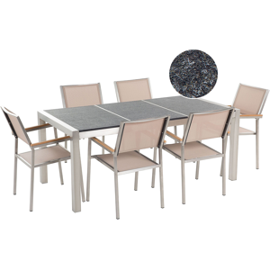 Conjunto De Comedor De Jardín Beige Con Mesa 180 X 90 Cm De Basalto Flameado 6 Sillas