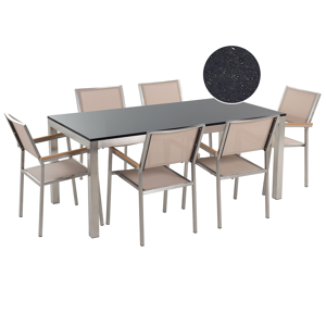 Conjunto De Comedor De Jardín Beige Con Mesa 180 X 90 Cm De Granito Negro 6 Sillas De Ratán