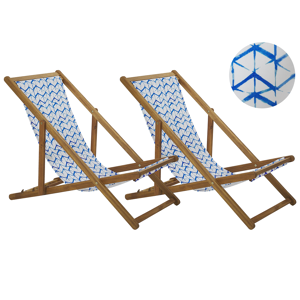 Conjunto De 2 Tumbonas De Jardín De Tela Blanco Azul Madera De Acacia Clara Reclinable Plegable