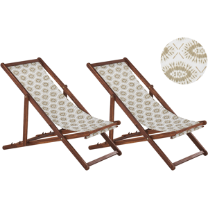 Conjunto De 2 Tumbonas De Jardín De Tela Beige Madera De Acacia Oscura Reclinable Plegable