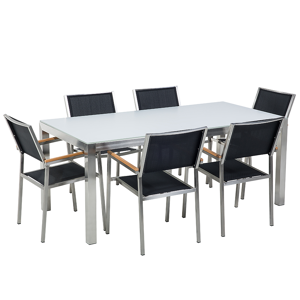 Conjunto De Comedor De Jardín Negro Con Mesa 180 X 90 Cm De Vidrio Blanco 6 Sillas