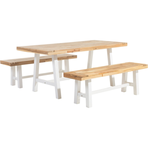 Conjunto De Comedor De Jardín Con Tablero De Madera Clara Y Patas Blancas 3 Piezas Mesa Rectangular De Madera De Acacia 2 Bancos