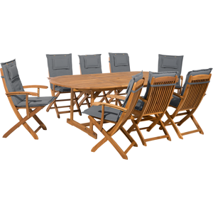 Conjunto De Comedor Al Aire Libre Madera De Acacia Clara Con Cojines Gris Oscuro Mesa 8 Plazas Sillas Plegables Diseño Rústico