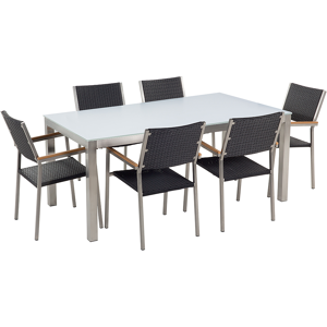 Conjunto De Comedor De Jardín Negro Con Mesa 180 X 90 Cm De Vidrio Blanco 6 Sillas De Ratán