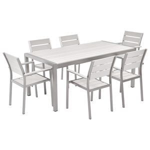 Conjunto De Comedor De Jardín Blanco Mesa Rectangular Sillas Para 6 Personas De Madera Sintética Y Marco De Aluminio