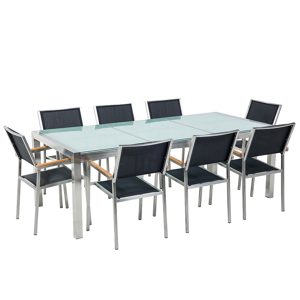 Conjunto De Comedor De Jardín Negro Con Mesa 220 X 100 Cm De Vidrio Agrietado 8 Sillas