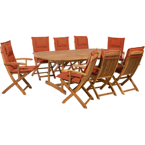 Conjunto De Comedor De Jardín De Madera De Acacia Clara Con Cojines Rojos Para 8 Personas Con Sillas Plegables