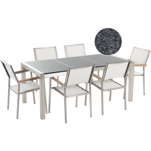 Conjunto De Comedor De Jardín Blanco Con Mesa 180 X 90 Cm De Granito Gris 6 Sillas