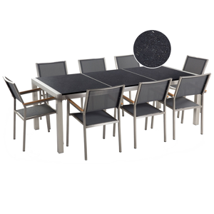 Conjunto De Comedor De Jardín Gris Con Mesa 220 X 100 Cm De Granito Negro 8 Sillas